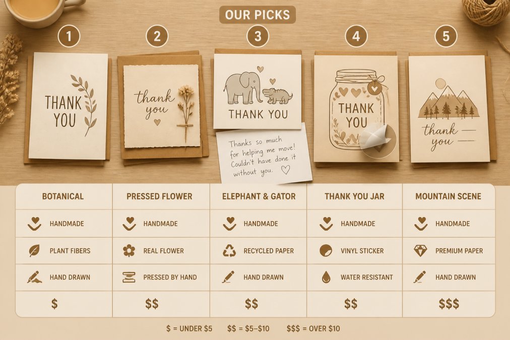 Flat-lay of the five thank you card options side by side on a warm wood table, with a handwritten note visible on the Elephant and Gator card and a vinyl sticker peeled halfway off the Thank You Jar card