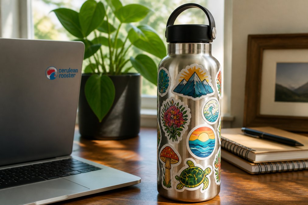 Close-up photo of a stainless steel water bottle covered in colorful handmade vinyl stickers, sitting on a wooden desk beside a laptop and a small potted plant, natural window light catching the sticker edges