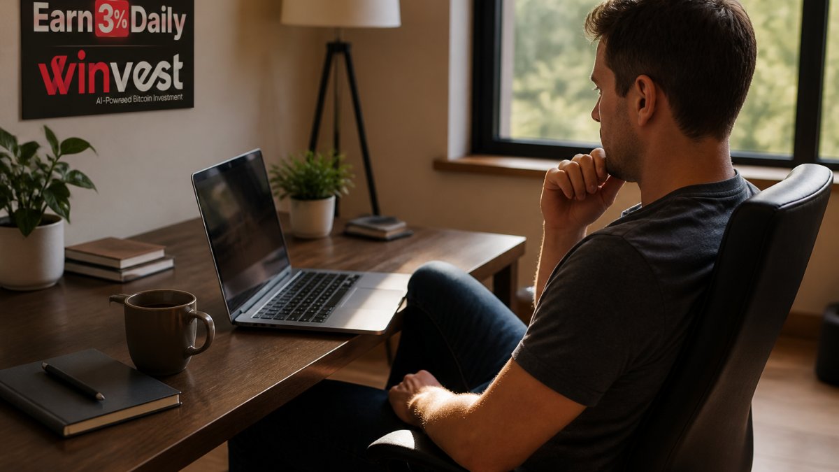 A person in a home office glancing at a laptop showing an automated trading dashboard, coffee cup nearby, relaxed posture suggesting hands-off investing