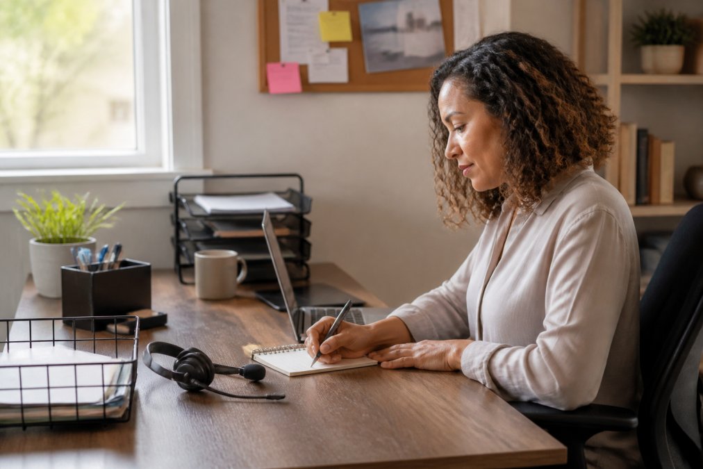 Office manager working at a desk with multiple monitors displaying scheduling software and customer management tools, a headset nearby for customer calls