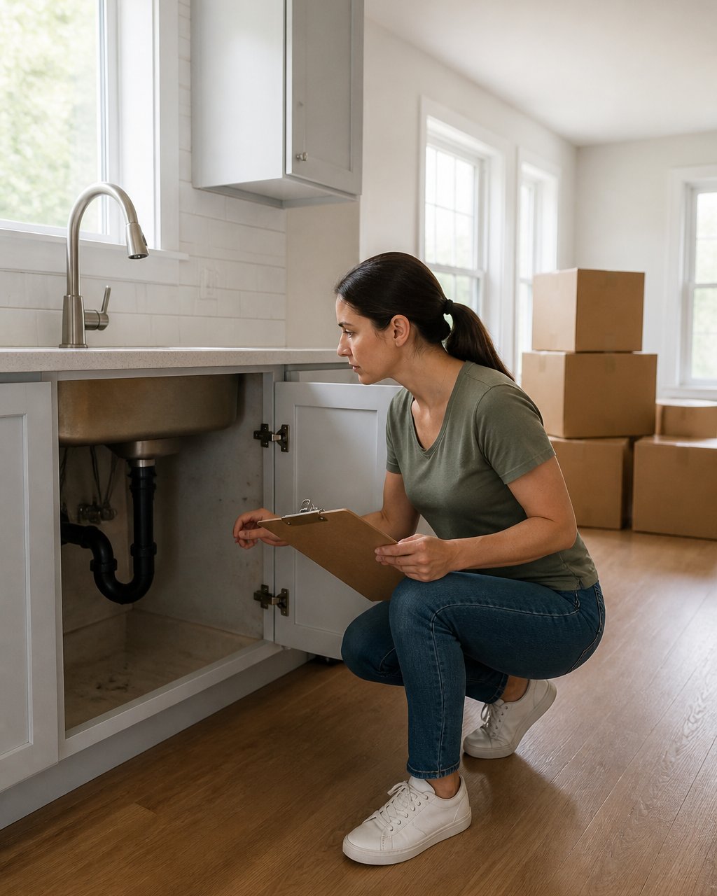 A homeowner holding a clipboard inspecting a kitchen cabinet and faucet in a bright, empty house, moving boxes stacked in the background
