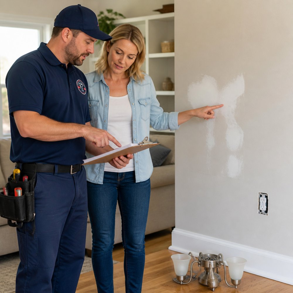 Homeowner and handyman reviewing a checklist for small home repairs while pointing at patched drywall.