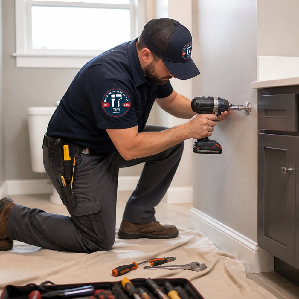 Professional handyman using a power drill to install a bathroom fixture while providing home repair services.