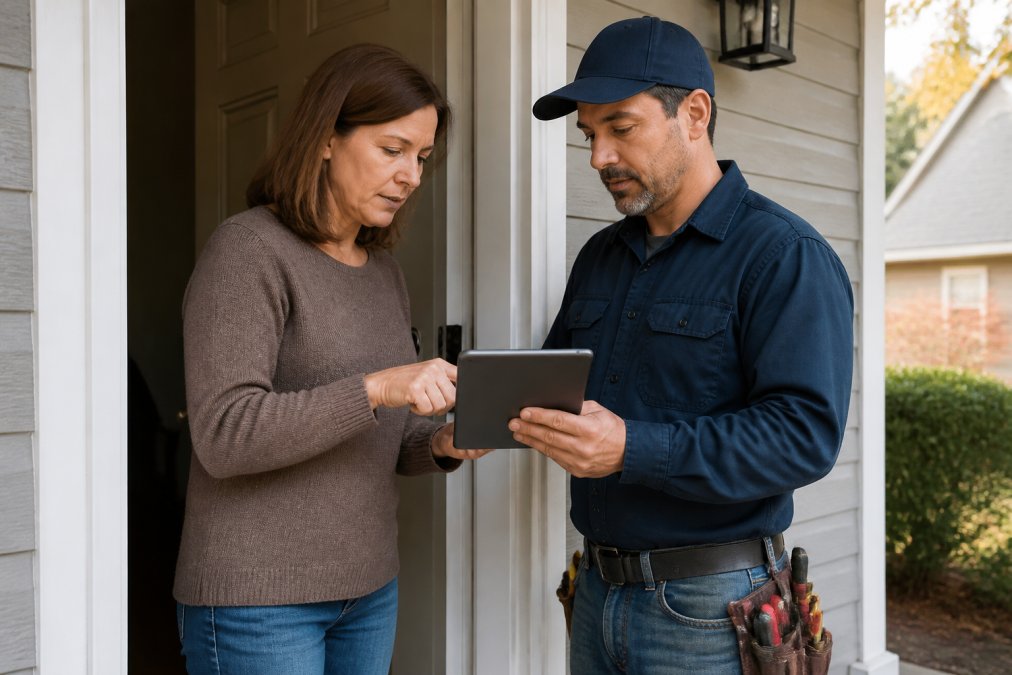 Homeowner reviewing project estimate and credentials on tablet with handyman at residential front door, natural daylight