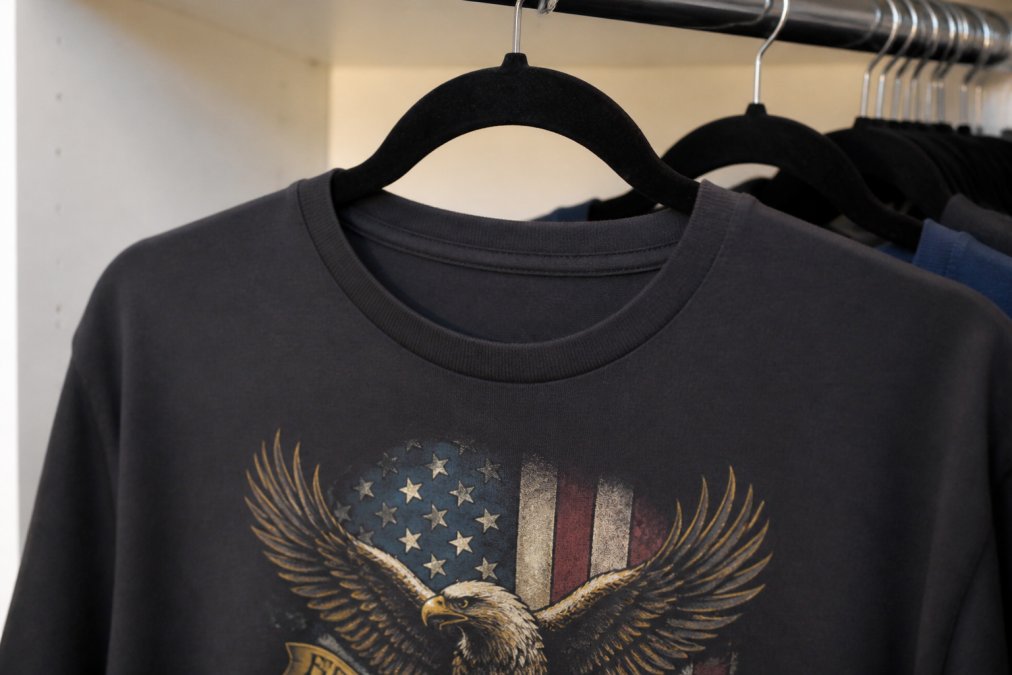 Close-up of a graphic t-shirt hanging on a non-slip velvet hanger, showing the fabric gripped securely without bunching, with the printed graphic clearly visible and unwrinkled