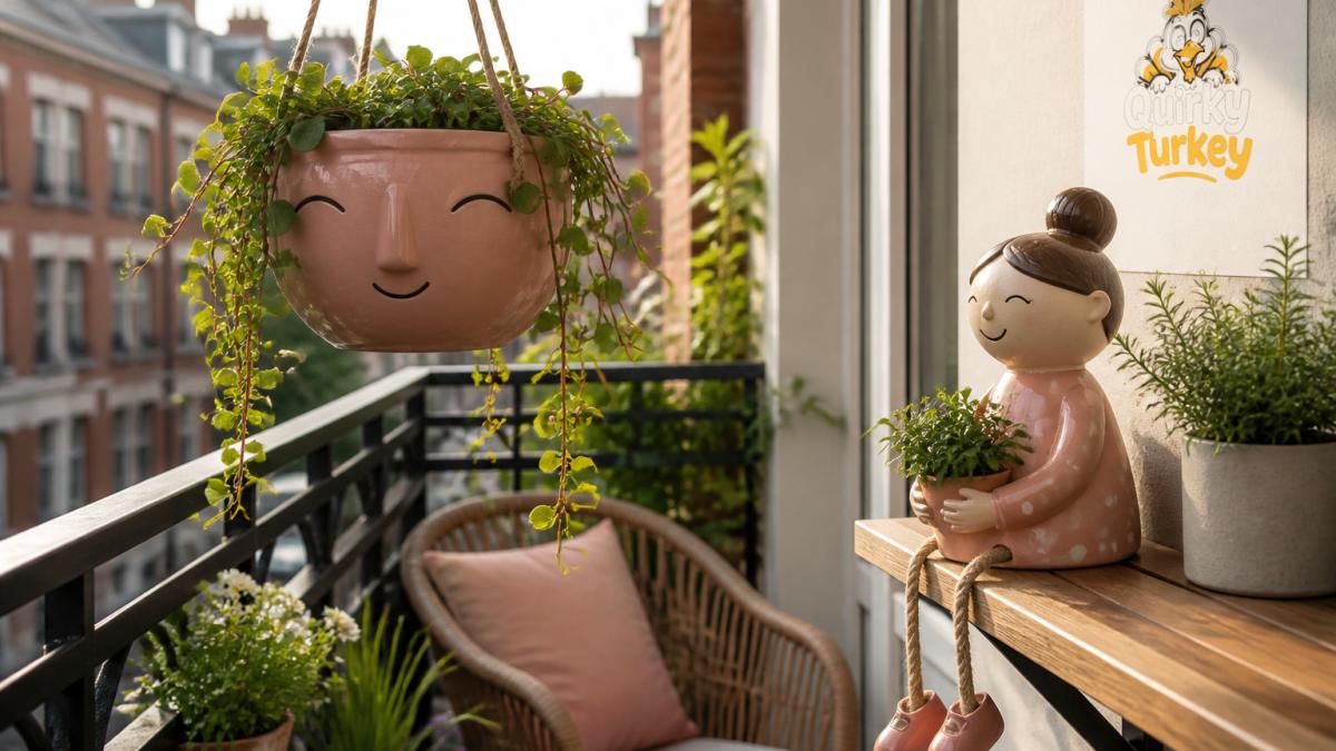 A small city balcony styled with a matte pink face hanging planter holding a trailing plant, with a cheerful Plant Mum planter with dangling legs sitting on a narrow shelf beside it, warm afternoon light and a cosy chair in the background
