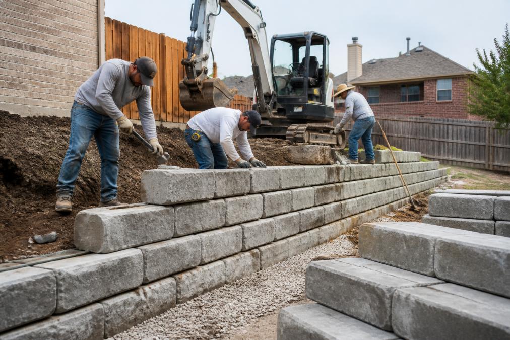 A professional hardscape crew installing a stone retaining wall in a suburban backyard, with a small excavator and stacked pavers nearby
