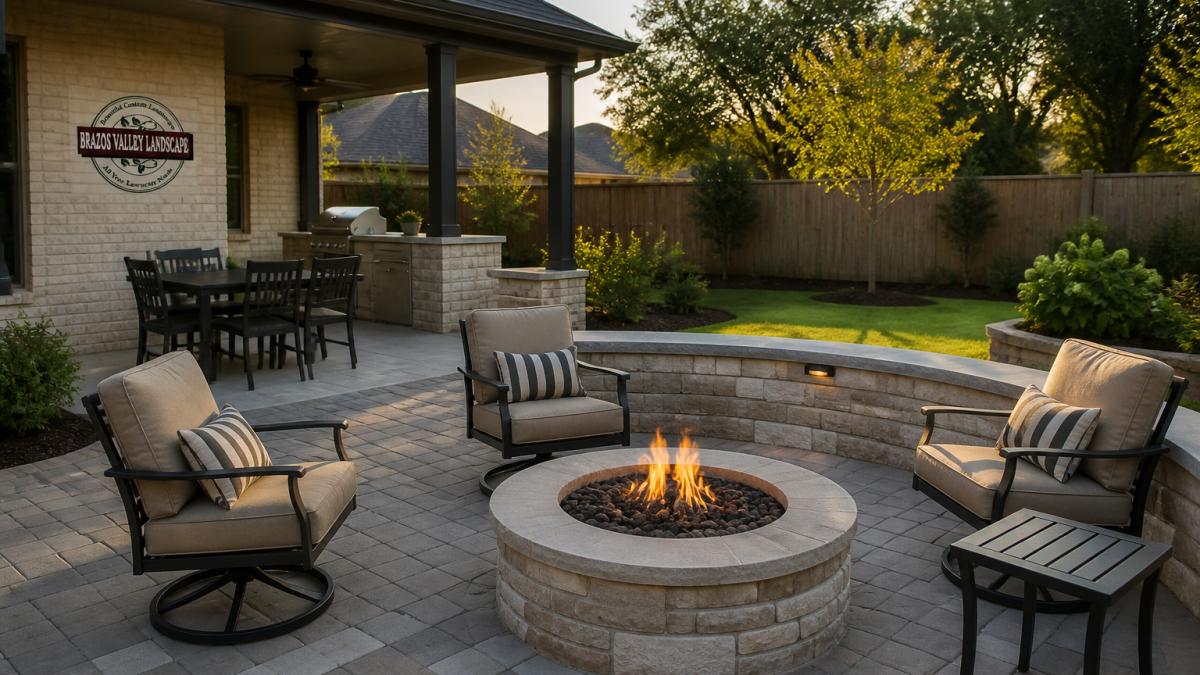 A finished backyard patio in a suburban Texas home, showing a mix of concrete pavers and a low seat wall, with outdoor furniture and a fire pit in late afternoon light