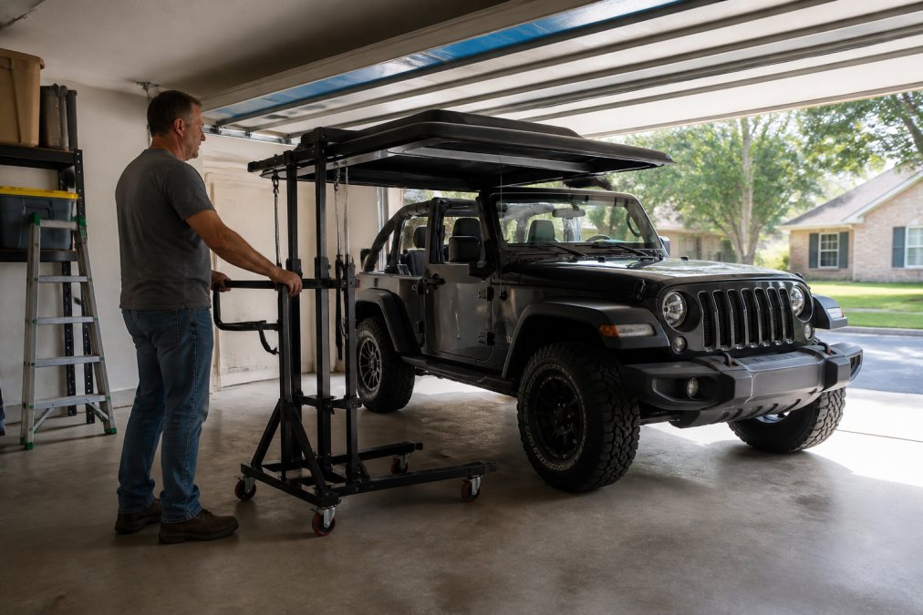 Jeep owner using a hardtop hoist to remove a roof panel in a garage
