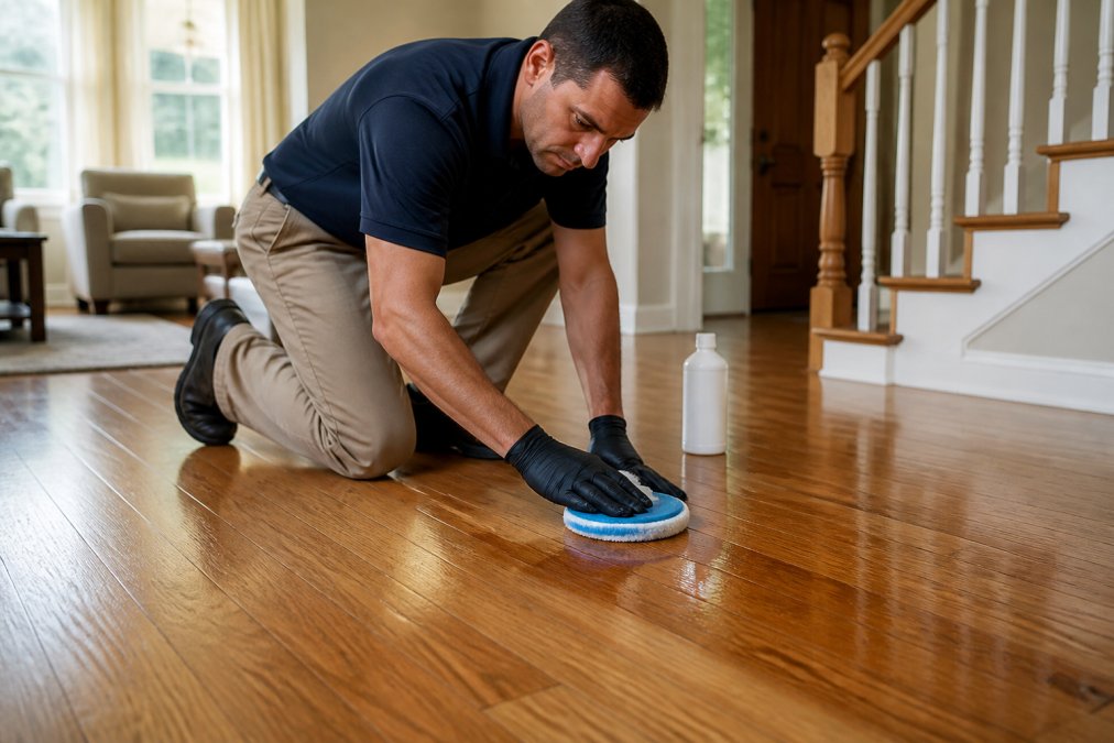 Professional demonstrating proper hardwood floor polish application technique with microfiber pad on wood flooring, showing even strokes across the grain with natural lighting in residential setting