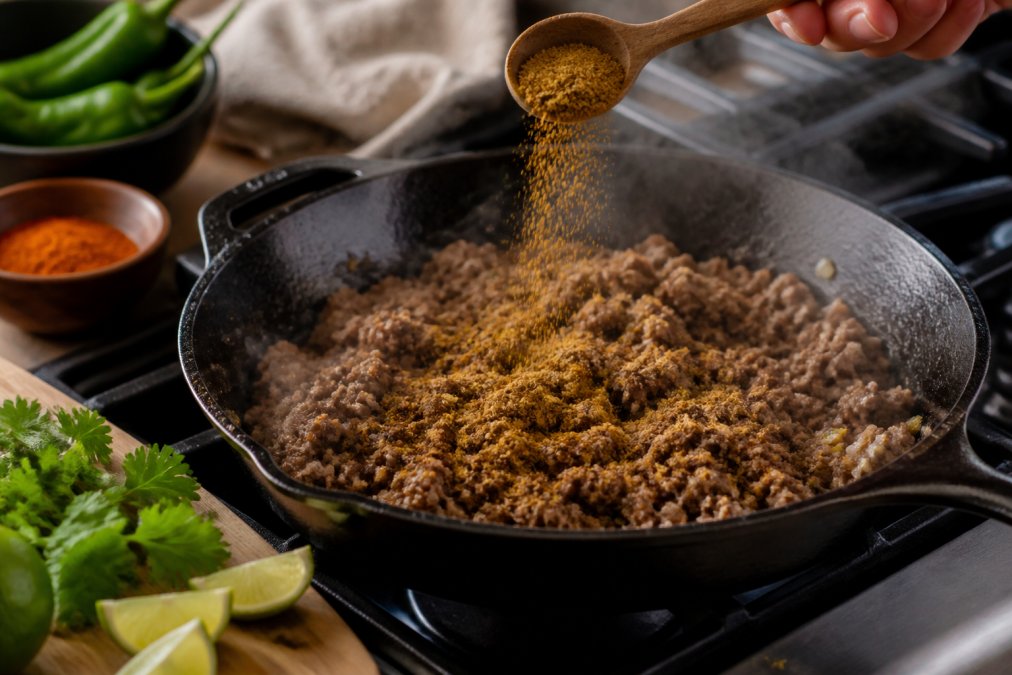 Close-up of seasoned ground meat sizzling in a cast iron skillet with fresh hatch chile powder being sprinkled over it, steam rising, with lime wedges and fresh cilantro nearby