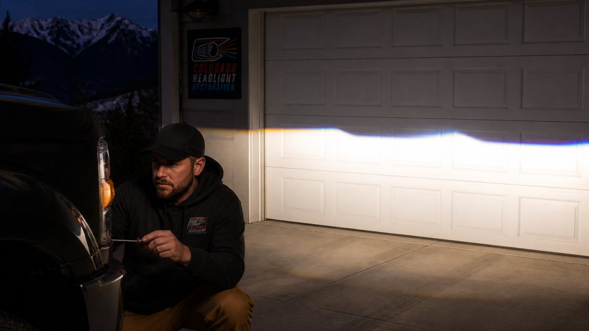 Technician using a screwdriver to adjust headlight aim for safe Colorado mountain driving at night.