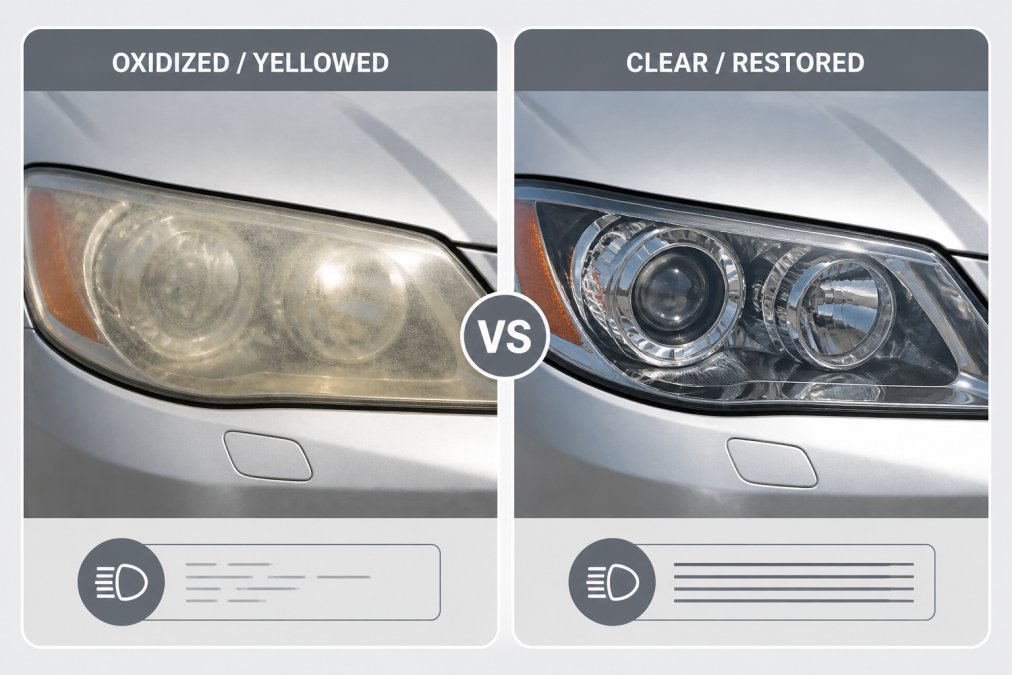 Close-up of an oxidized, yellowed vehicle headlight lens showing visible cloudiness and haziness compared to a clear, transparent lens beside it under bright natural lighting