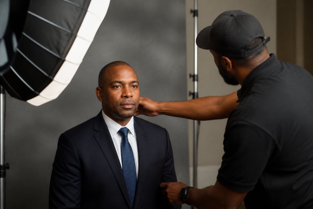 Professional photographer adjusting studio lighting while positioning a business client for a headshot session, with soft diffused light illuminating the subject's face and shoulders