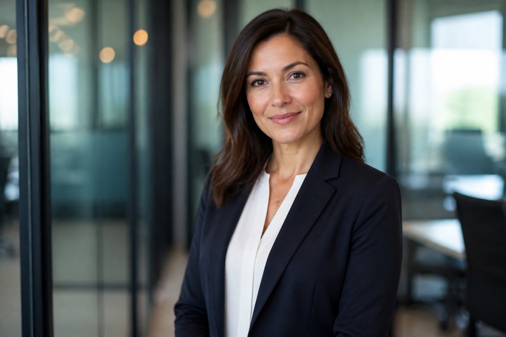 Business professional demonstrating proper posture and positioning for a corporate headshot, with relaxed shoulders, slight head tilt, and authentic expression in professional studio lighting
