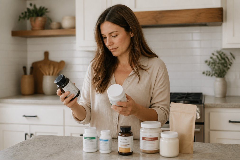 Woman holding various supplement bottles and powder containers in natural light, examining labels on her kitchen counter