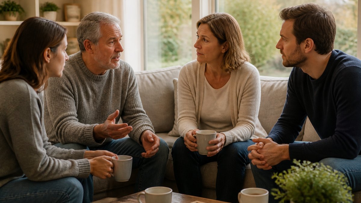Family members having a calm conversation over coffee in a sunny living room to discuss health freedom investigative
