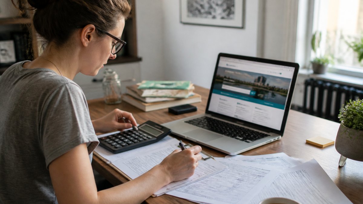 Freelancer at desk with tax documents, calculator, and laptop showing MNsure enrollment screen, reviewing income estimates
