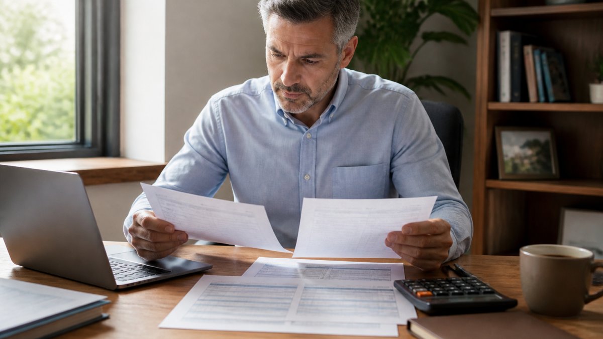 A small business owner reviewing health insurance plan comparison documents at a desk with a laptop and calculator, warm natural light from a window