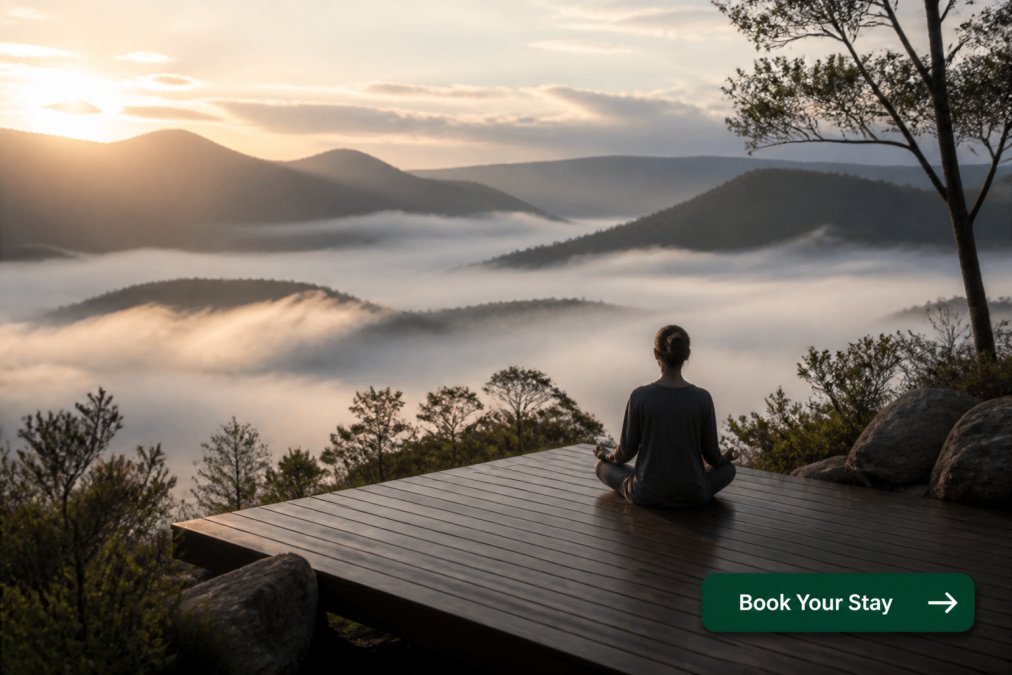 Serene misty mountain landscape at dawn with a solitary figure in meditation pose on a natural platform overlooking a tranquil valley shrouded in soft fog