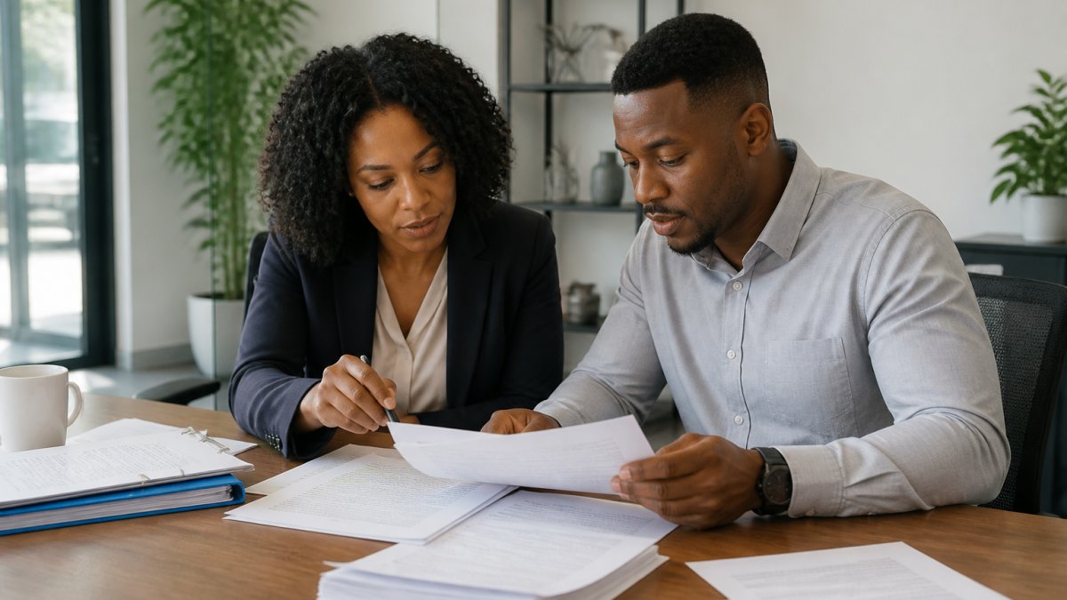 Healthcare entrepreneurs and compliance specialists reviewing state licensing requirements and regulatory documents at a modern office desk with natural lighting