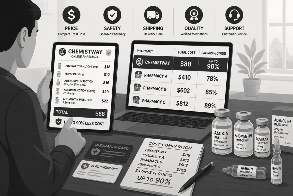 Person at home comparing prescription options on tablet and laptop, with medication bottles, insurance cards, and a notepad showing cost calculations on the desk, warm afternoon lighting