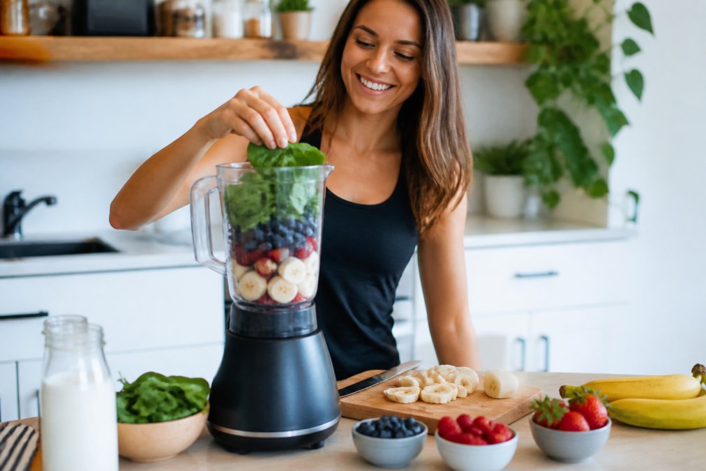 Person blending fresh berries, spinach, and banana in a kitchen blender with whole ingredients visible on the counter