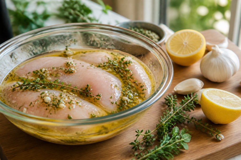 Raw chicken breasts marinating in lemon, garlic, and fresh herbs for healthy marinades on a wooden board