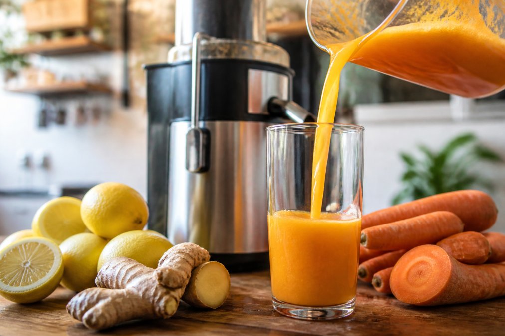 Close-up of vibrant fresh-pressed juice in golden and deep orange hues being poured into a clear glass, with whole lemons, ginger root, and carrots arranged on a wooden counter beside the juicer