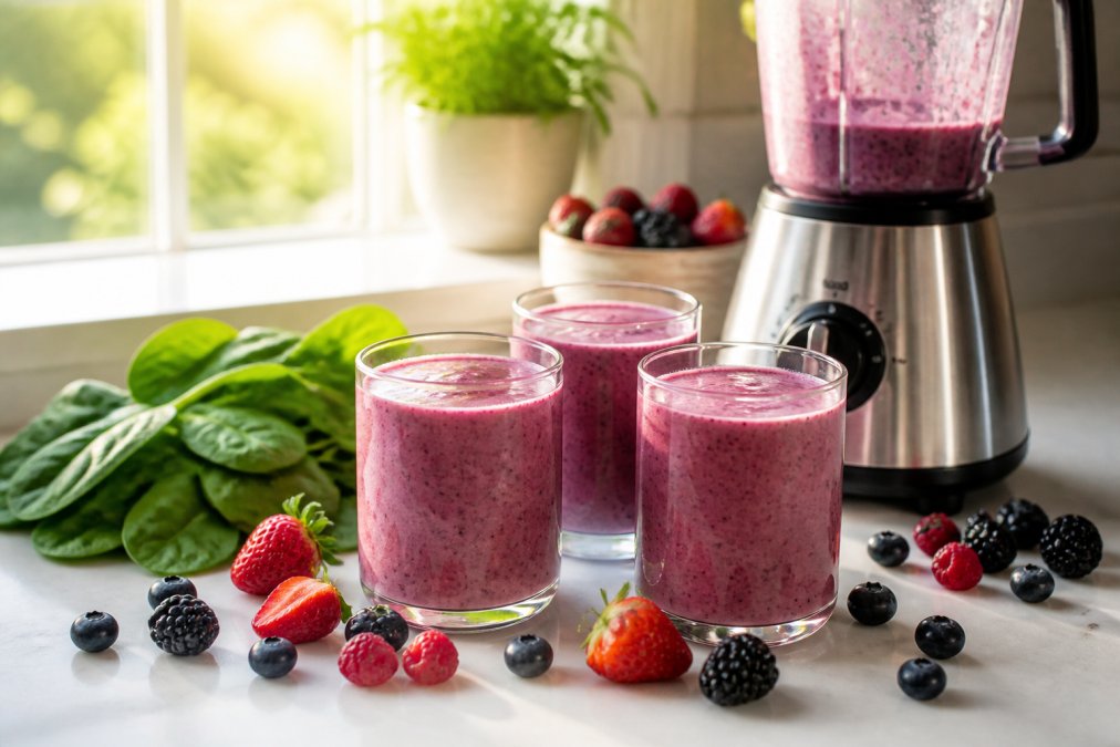 Three clear glasses filled with vibrant purple-pink berry smoothie, fresh spinach leaves and mixed berries scattered on a bright white kitchen counter beside a stainless steel blender with morning sunlight streaming through a window