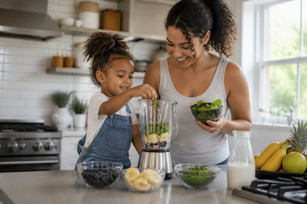 A young child and adult standing together at a bright kitchen counter, building a smoothie with visible bowls of frozen blueberries, fresh spinach, banana slices, and milk alternatives arranged in front of them, both smiling as they add ingredients to a blender