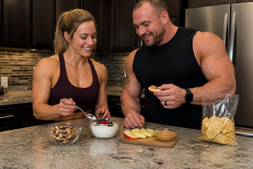 A spread of healthy snacks on a kitchen counter: a bowl of mixed nuts, Greek yogurt topped with berries, apple slices next to peanut butter, and a bag of protein chips