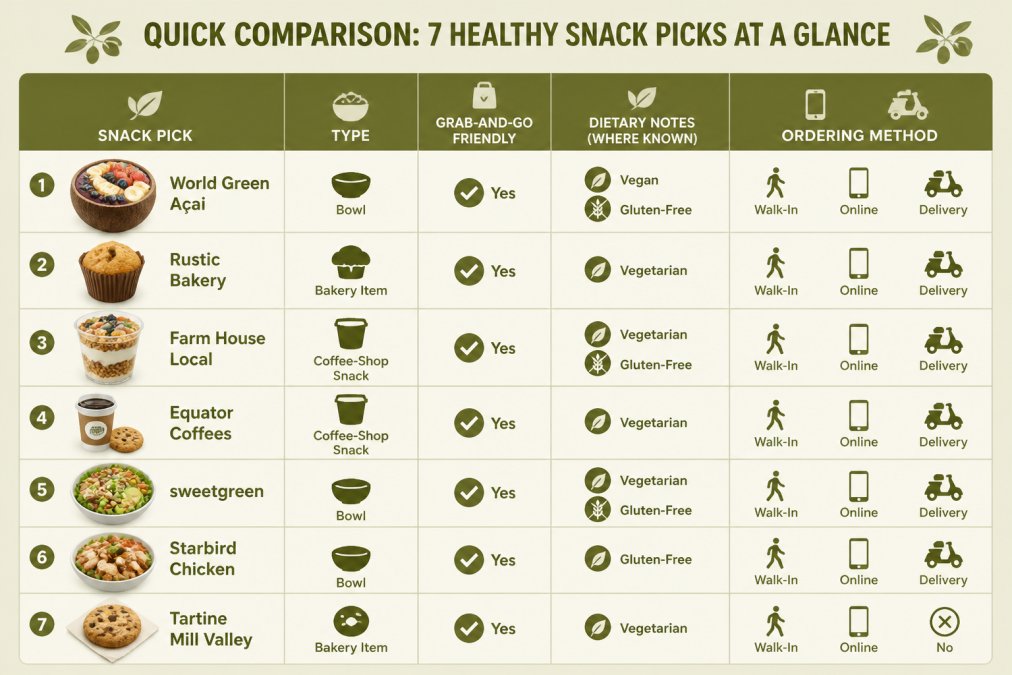 Comparison matrix of 7 Larkspur snack options across columns: type (bowl, bakery item, coffee-shop snack, packaged), grab-and-go friendly (yes/no), dietary notes (vegetarian, vegan, gluten-free where known), and ordering method (walk-in, online, delivery). Rows: World Green Açai, Rustic Bakery, Farm House Local, Equator Coffees, sweetgreen, Starbird Chicken, Tartine Mill Valley.