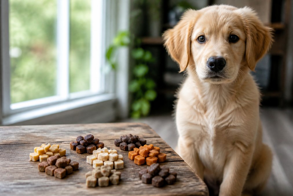 Close-up of an assortment of small, bite-sized dog training treats in various textures arranged on a worn wooden surface next to a young golden retriever puppy sitting attentively with ears perked forward, soft natural light from a nearby window