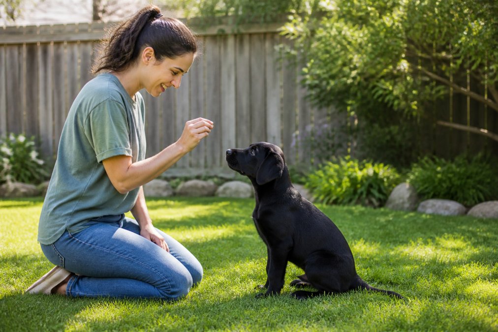 A person kneeling on a grassy backyard lawn in afternoon sunlight, holding a small soft treat at nose level while a young black Labrador puppy sits and makes direct eye contact, the person smiling and maintaining a relaxed posture