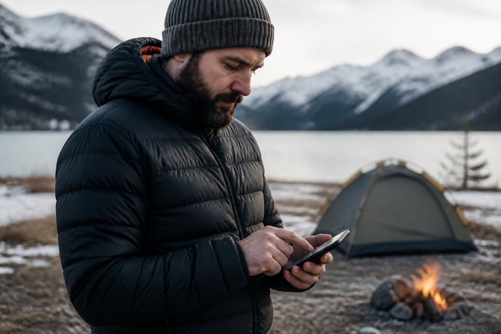 A person wearing a heated jacket outdoors in cold weather, adjusting the heat settings on a smartphone app while standing near a campsite with a tent in the background