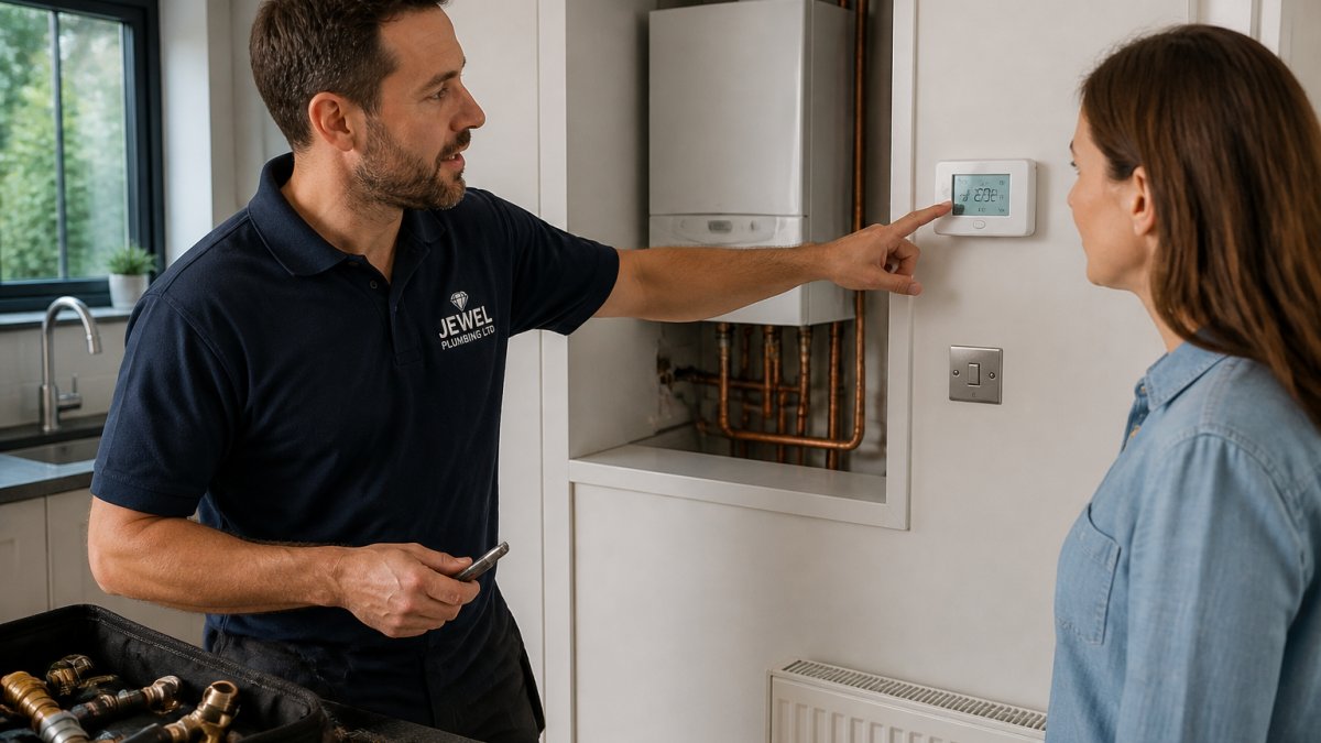 A heating engineer in a modern kitchen explaining a wall-mounted thermostat to a homeowner, with a boiler visible in the background