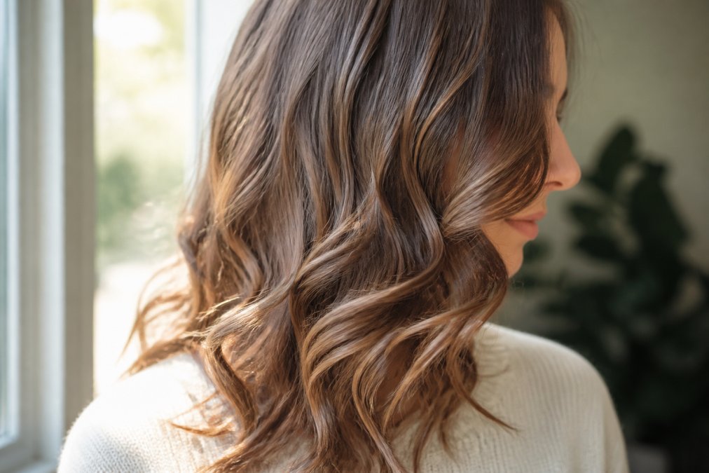 Close-up of fine hair styled in soft heatless curls showing texture detail and volume from the side angle, natural window lighting highlighting the delicate curl pattern and shine