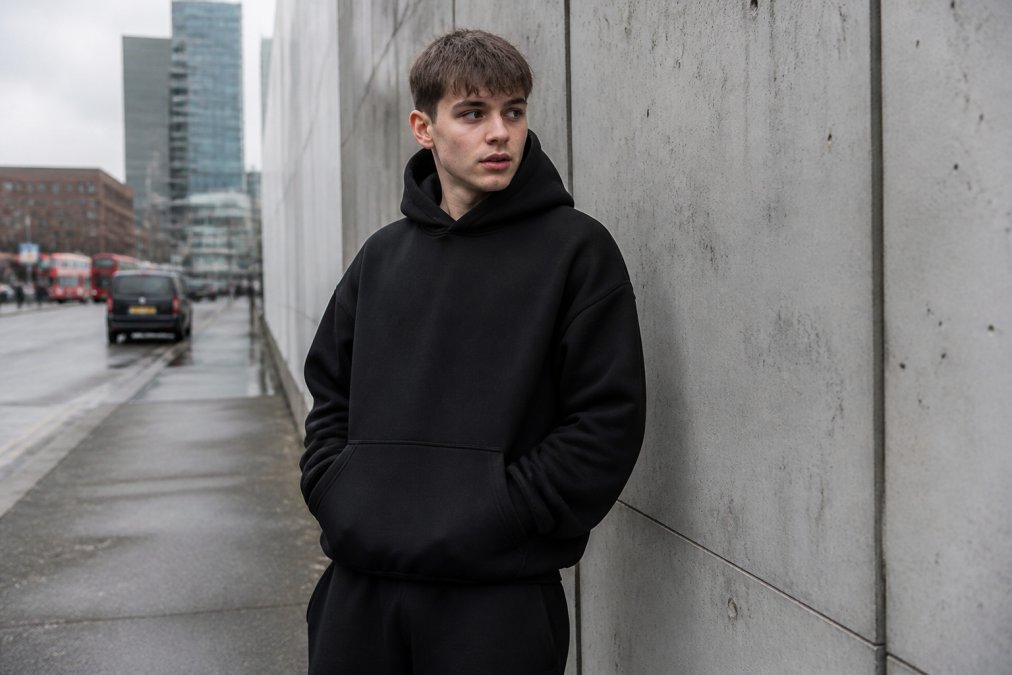 Young man wearing a thick oversized black hoodie on a grey urban UK street, hands in kangaroo pocket, boxy silhouette clearly visible against a concrete wall, cold overcast daylight