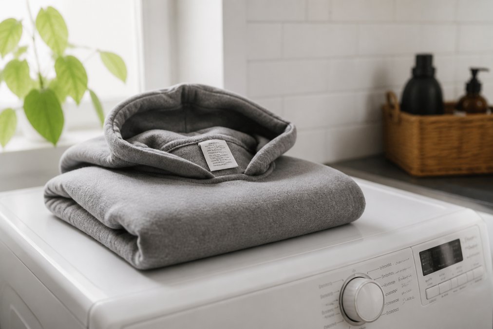 Close-up of a folded heavyweight grey hoodie placed on top of a washing machine, care label clearly visible, clean white domestic laundry room setting with soft natural light