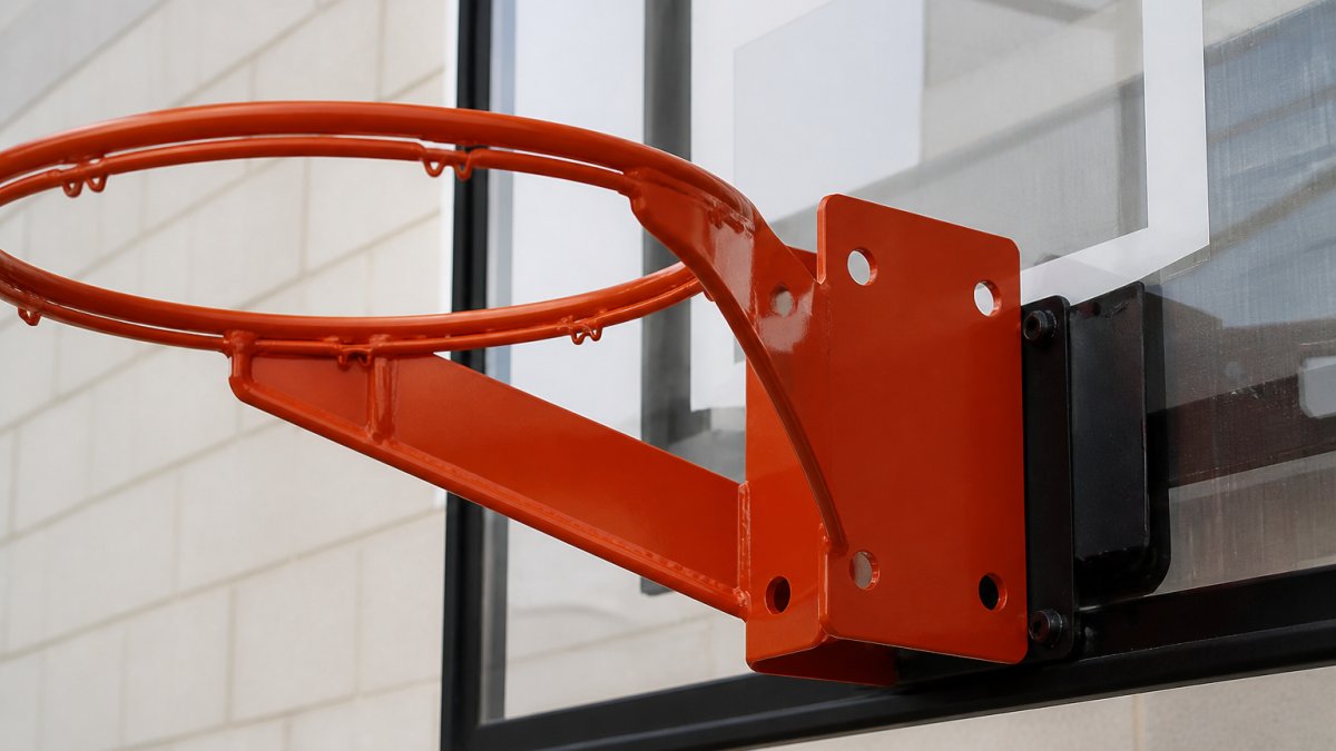 Close-up of a basketball rim mounting plate showing bolt holes and measurement points on a backboard