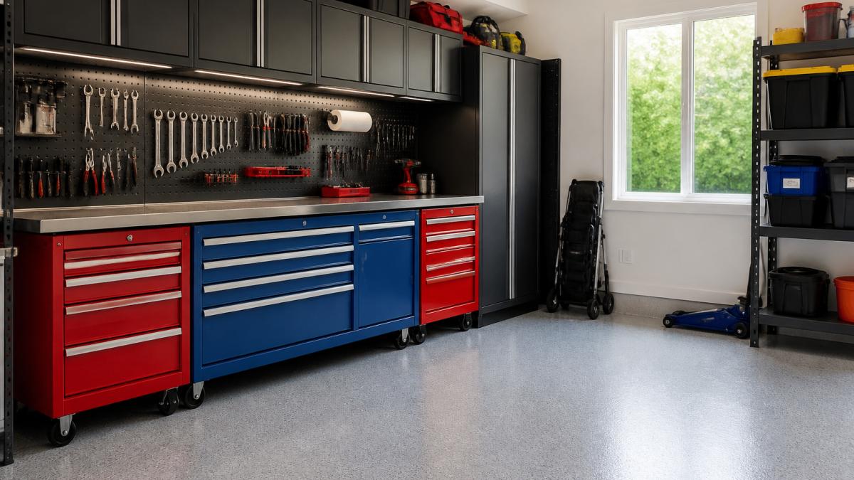 A well-organized residential garage with a long steel workbench cabinet, red and blue drawer units, pegboard, and a clear floor area, photographed in natural daylight