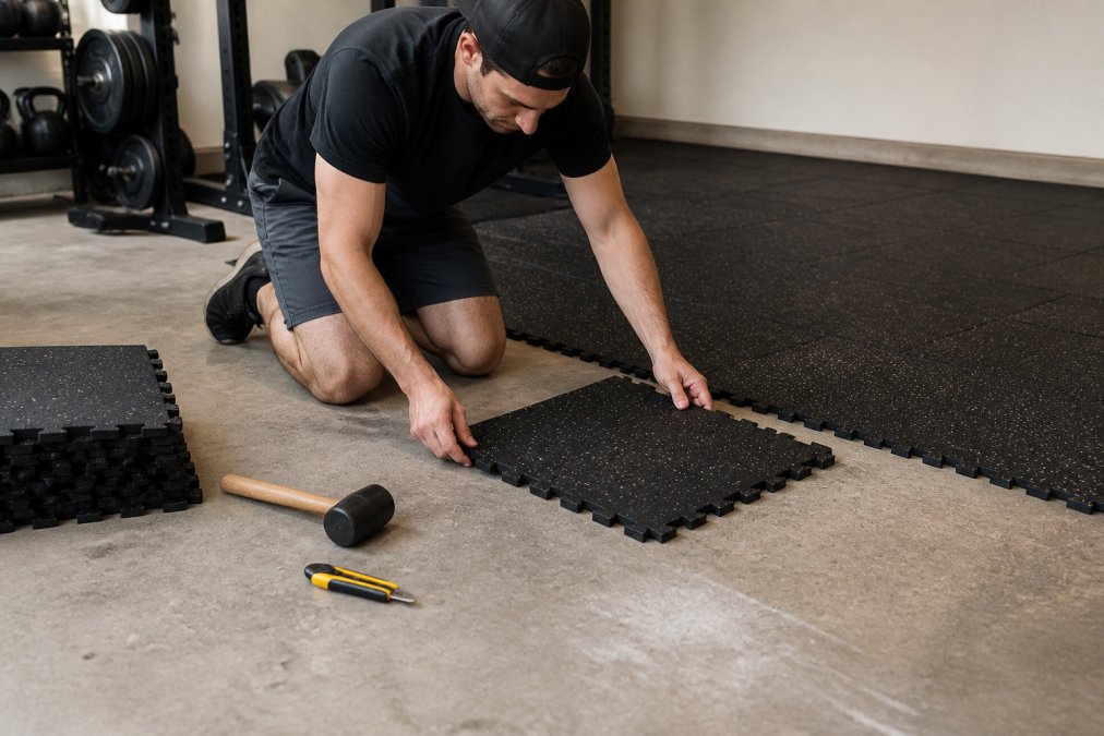 Person installing interlocking rubber tiles for the best heavy duty home gym flooring on a concrete garage floor