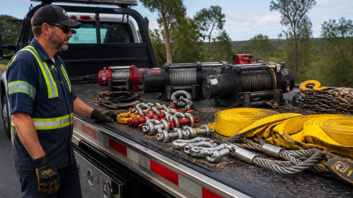 Professional tow operator standing beside organized heavy duty recovery equipment laid out on a flatbed truck, including winches, shackles, and straps in natural daylight