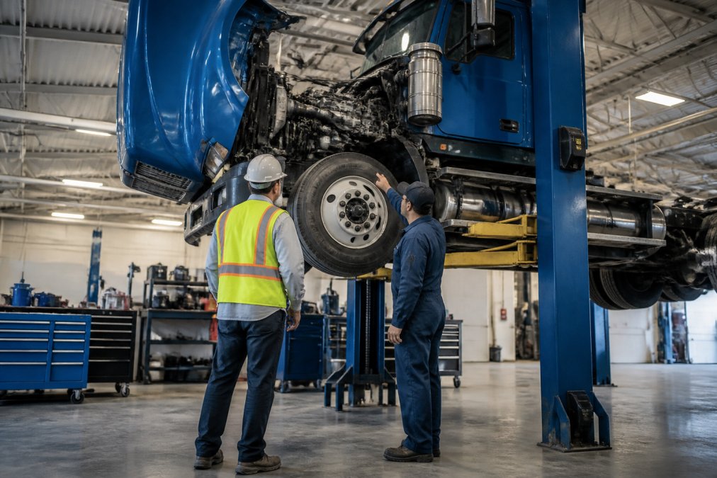 A fleet manager in a safety vest and hard hat walking through a heavy duty truck repair bay, examining a semi-truck raised on a vehicle lift while a technician points out a component on the engine, overhead shop lighting