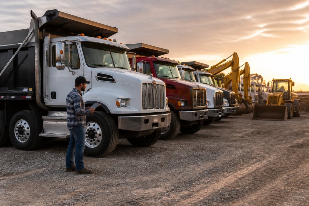 Business owner inspecting a dump truck at a dealership for heavy equipment finance options