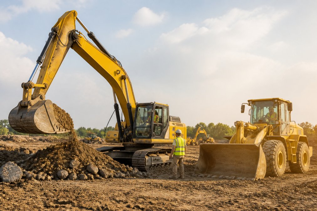 Construction crew operating excavator and loader on active job site during afternoon sunlight, with multiple pieces of heavy equipment visible