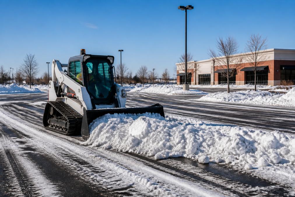 Compact track loader using heavy equipment to clear snow from a commercial parking lot on a bright winter morning.