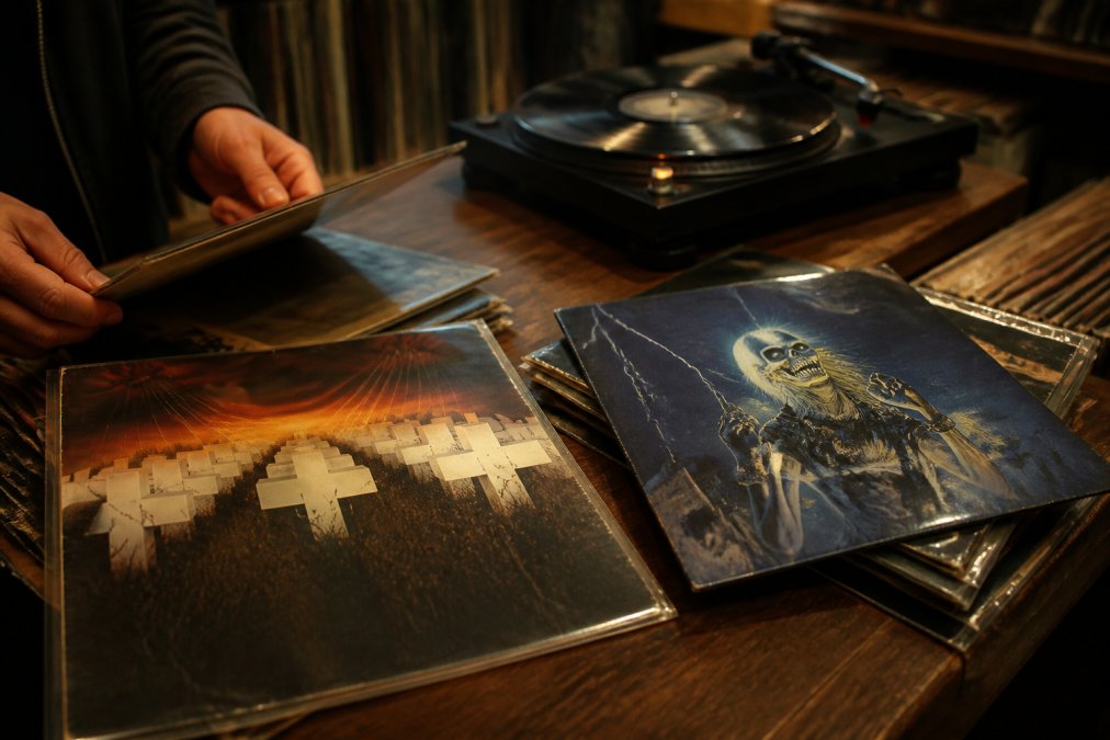 A group of vinyl records spread out on a wooden table, with a turntable in the background and a person's hands flipping through the albums, warm lighting, cozy record store atmosphere