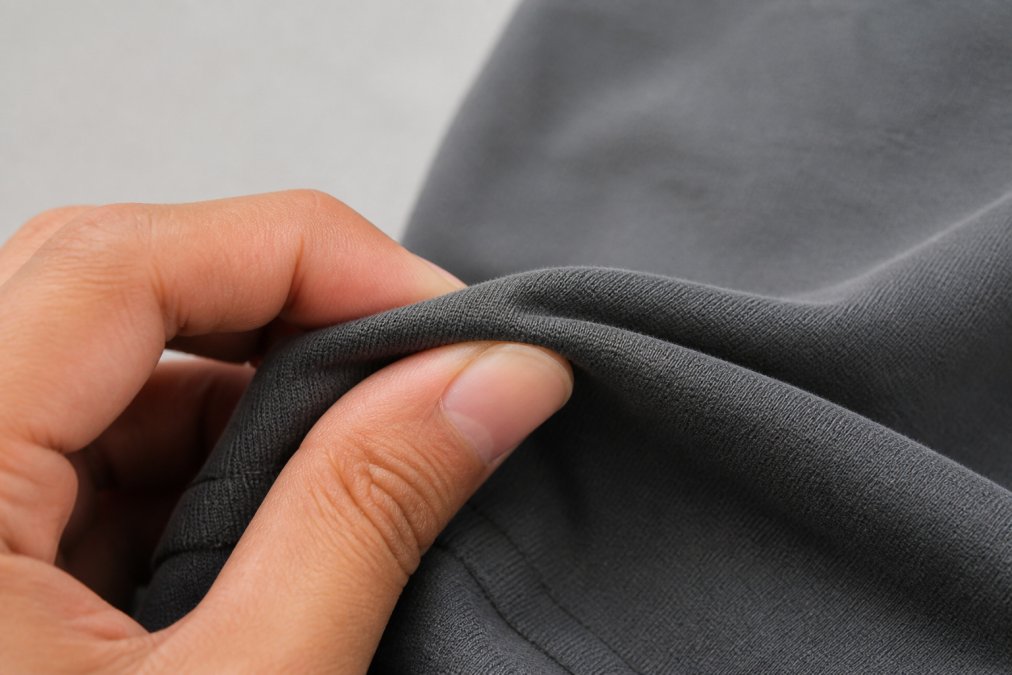 Close-up of a hand pinching the fabric of a thick heavyweight t-shirt between thumb and forefinger, showing the dense texture and substantial thickness against a plain neutral background